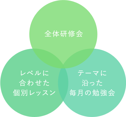 テーマに沿った毎月の勉強会、レベルに合わせた個別レッスン、全体研修会